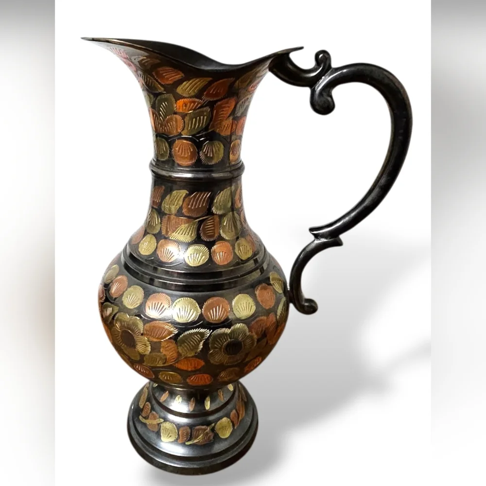 Antique Mid-Century MCM Copper Solid Brass Pitcher Etched Floral Ewer Vase VTG
